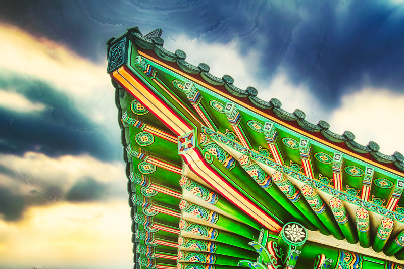 Korean Bell of Friendship — vivid green and red lacquered eave detail
